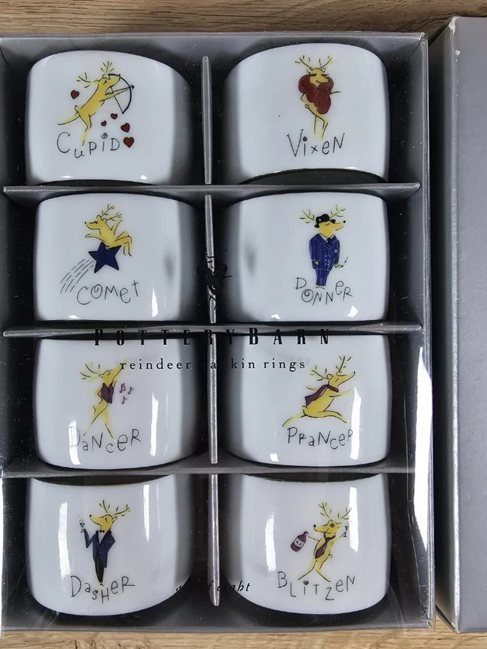Pottery Barn Reindeer Napkin Rings Set of 8 Christmas Porcelain Japan with Box